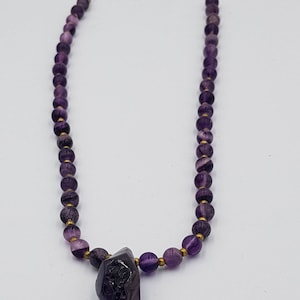 Beautiful Ancient Natural Amethyst Stone 7mm Beads Necklace Strand with Brass Beads