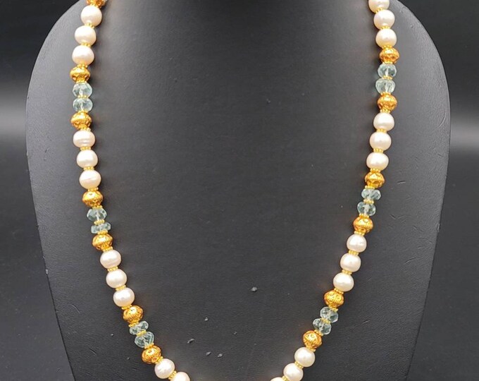 Wonderful Natural White Freshwater Pearls With Aquamarine Gemstone Gold Plated Beads Necklace