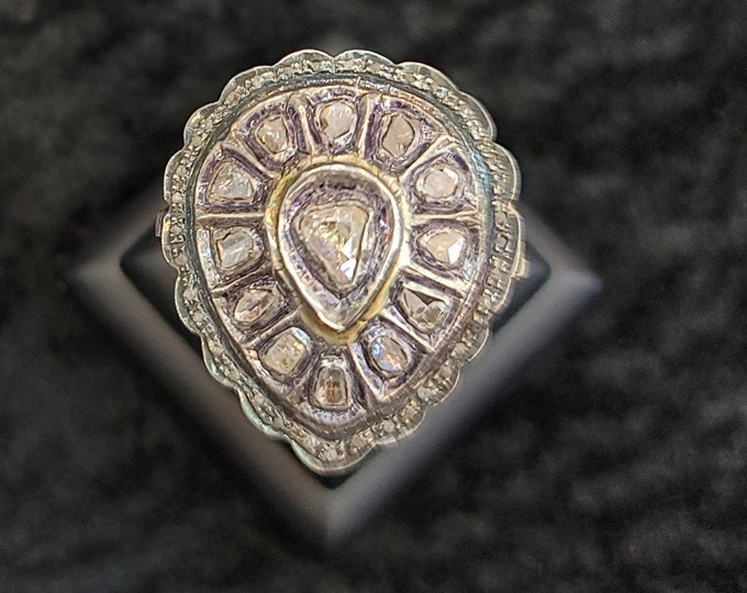 Gorgeous Rose Cut Natural Daimond Victorian Design Gold On Silver Beautiful Ring