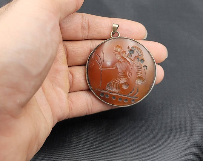 Unique Old Silver Antique Pendant With Ancient Agate Stone Roman King Horse Intagilo