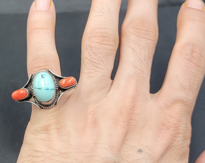 Authentic Ancient Coral and Turquoise Stone Handmade Sterling Silver Vintage Old Ring