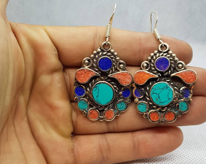 Boho Vintage Beautiful Nepali Style Earrings with Turquoise And Coral Gemstone
