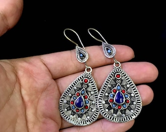 Medival Old Silver Yamoodi Earrings With Lapis Lazuli And Turquoise And Coral Stone