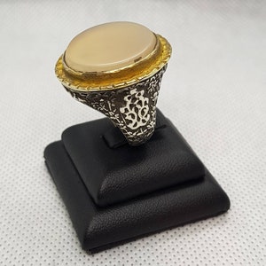 Handmade Carved Silver Ring: Antique White Agate, Gold Plated, Size 6.5