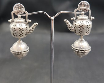 Vintage Silver Afghani Earrings: Handmade Antique Teapot Design