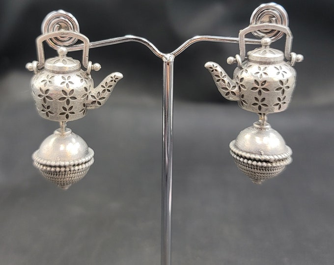 Vintage Silver Afghani Earrings: Handmade Antique Teapot Design