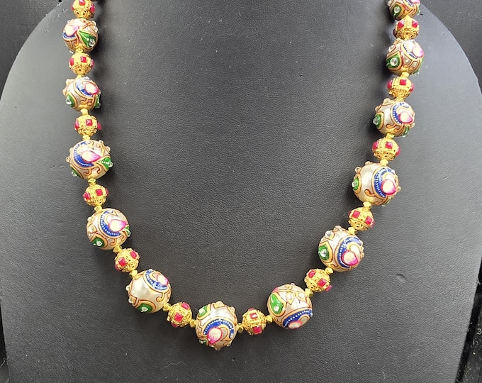 Lovely Vintage Mughal Design Gold Gulding Wonderful Necklace With Natural Gemstones And Enamel Art