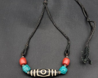 200 BC Ancient Dzi Tibetan 3 Eyes Agate Dzi Bead With Natural Turquoise And Coral Necklace