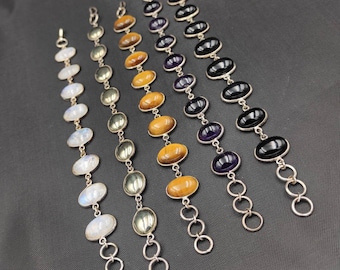 Vintage Sterling Silver Gemstone Bracelet: Handmade Labradorite, Moonstone, Tiger Eye, Onyx