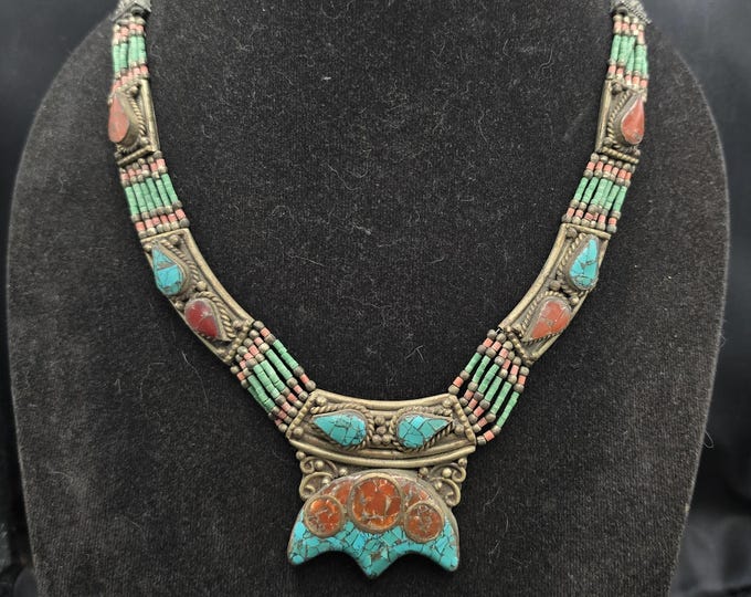 Handmade Vintage Silver Necklace: Turquoise, Coral & Lapis Lazuli