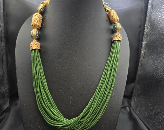 Beautiful Vintage Green Jade Stone Beads Authentic Necklace With Gold Plated Beads