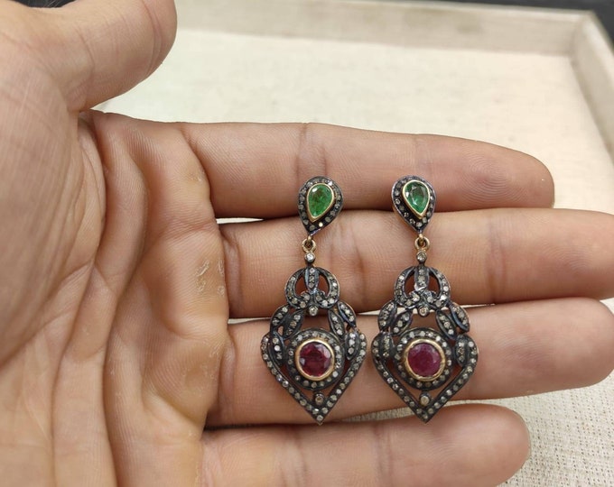 Gerogues Beautiful 20k Gold Over Silver Vintage Earrings With Daimond Ruby and Emerald Gemstone