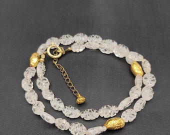 Ancient Clear Crystal Quratz Engraved Beads With Gold Gulding Beads In Between