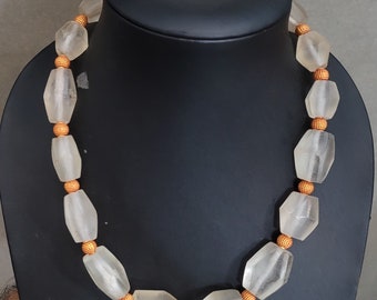 Ancient Himalayan Clear Crystal Quartz Bead Necklace with Gold Plated Beads