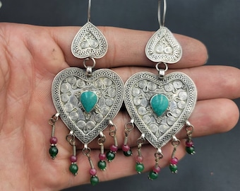 Vintage Turkmani Silver Earrings: Turquoise, Ruby & Emerald Gemstone Dangles