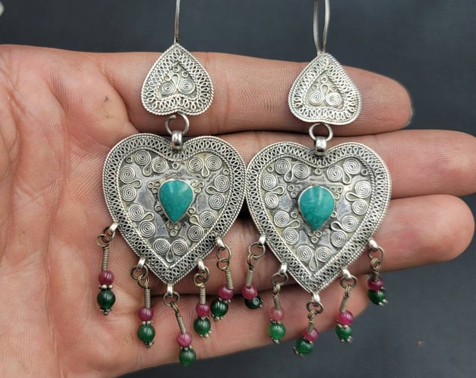 Wonderful Turkmani Old Silver Huge Earrings with Turquoise Stone and Tinny Red Ruby And Green Emerald Gemstone Hanging