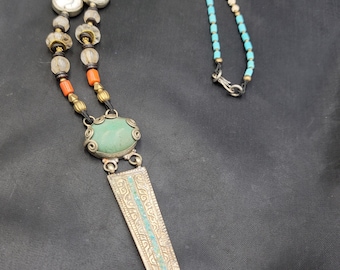 Vintage Tibetan Silver Necklace: Coral, Turquoise & Quartz, 90cm