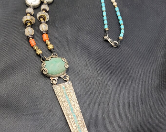 Super Gorgeous Vintage Baho Design Silver Necklace With Coral And Turquoise Tibeten Necklace