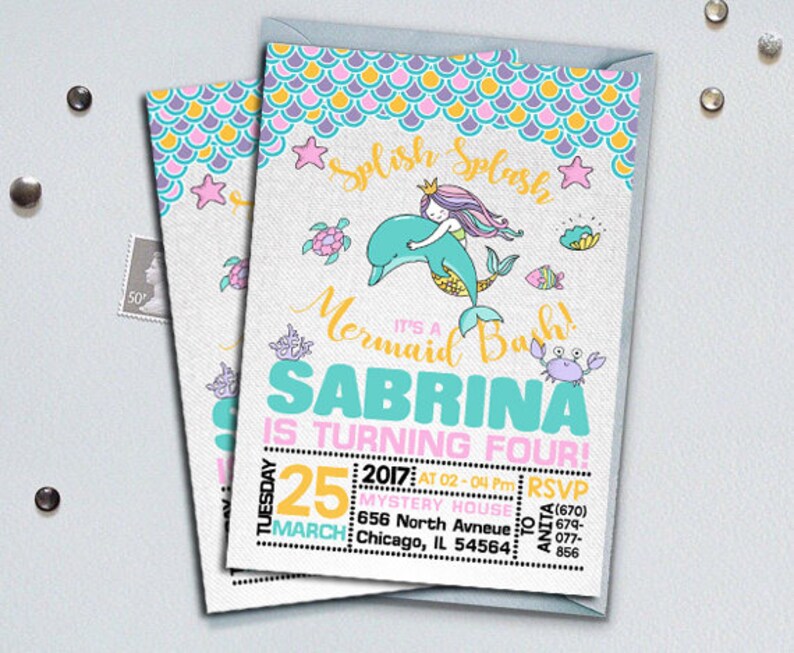 Splish Splash Mermaid Bash Printable Birthday Party Invitation Mermaids Under The Sea Mermaid Tail Bubbles Ocean Dolphins Shells - 
