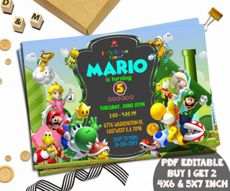 Super Mario Birthday Invitations Chalkboard Super Mario Custom Card Mario Bros Party Invites Super Mario Digital Printable Invitation