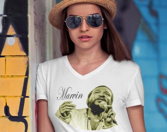 camisetas gráficas para mujer, camisas para mujer, camiseta de cuello en V, Marvin Gaye Soul &funk singer, black music artist graphic print
