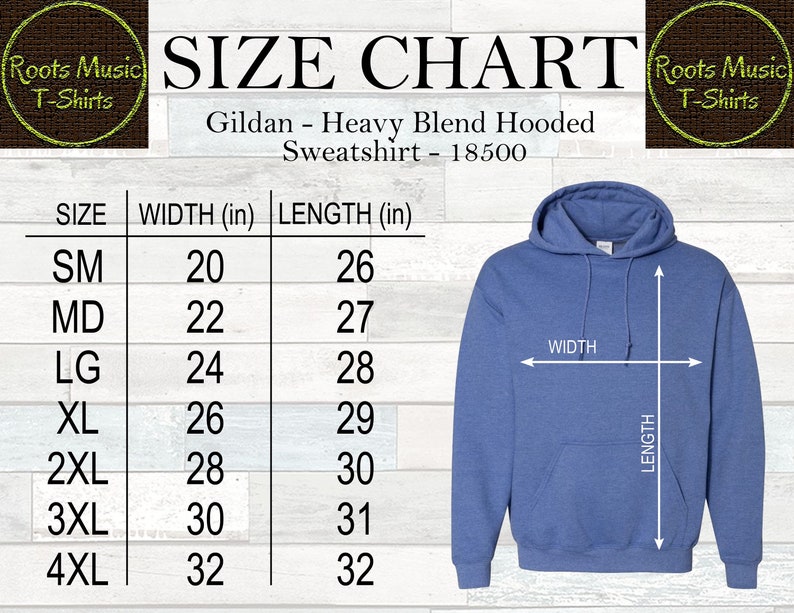 K&ouml;nnte beinhalten: Gr&ouml;&szlig;entabelle f&uuml;r ein Gildan Heavy Blend Kapuzenpullover in den Gr&ouml;&szlig;en S bis 4XL. Die Tabelle zeigt die Breite und L&auml;nge in Zoll f&uuml;r jede Gr&ouml;&szlig;e. Ein blauer Kapuzenpullover wird gezeigt, um die Ma&szlig;e zu veranschaulichen.