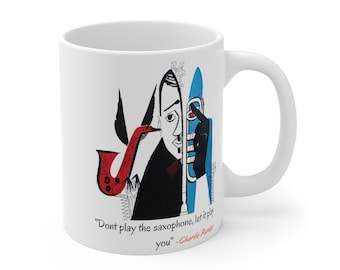 Coffee Mug Music Lover Gift, Idea de regalo, Idea de regalo para amantes de la música de jazz, Charlie Parker Graphic Print, Jazz Saxophone Art