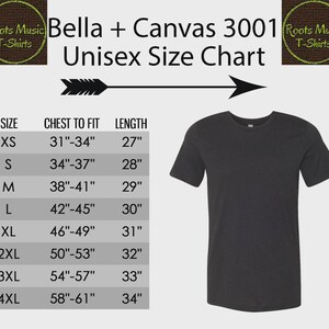 May include: A Bella + Canvas 3001 Unisex Size Chart featuring a dark gray t-shirt and a table listing sizes XS through 4XL with corresponding chest to fit measurements from 31 inches to 61 inches and lengths from 27 inches to 34 inches.