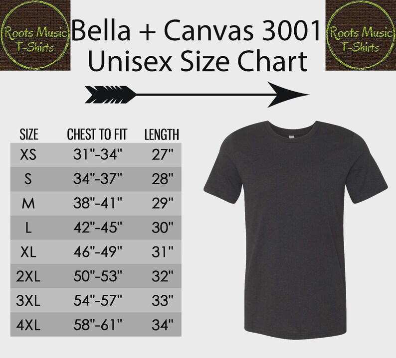 May include: A Bella + Canvas 3001 Unisex Size Chart featuring a dark gray t-shirt and a table listing sizes XS through 4XL with corresponding chest to fit measurements from 31 inches to 61 inches and lengths from 27 inches to 34 inches.