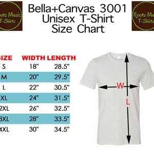 May include: Size chart for a unisex t-shirt, showing width and length measurements in inches for sizes S through 4XL. The chart includes a diagram of a t-shirt with labels for width (W) and length (L).