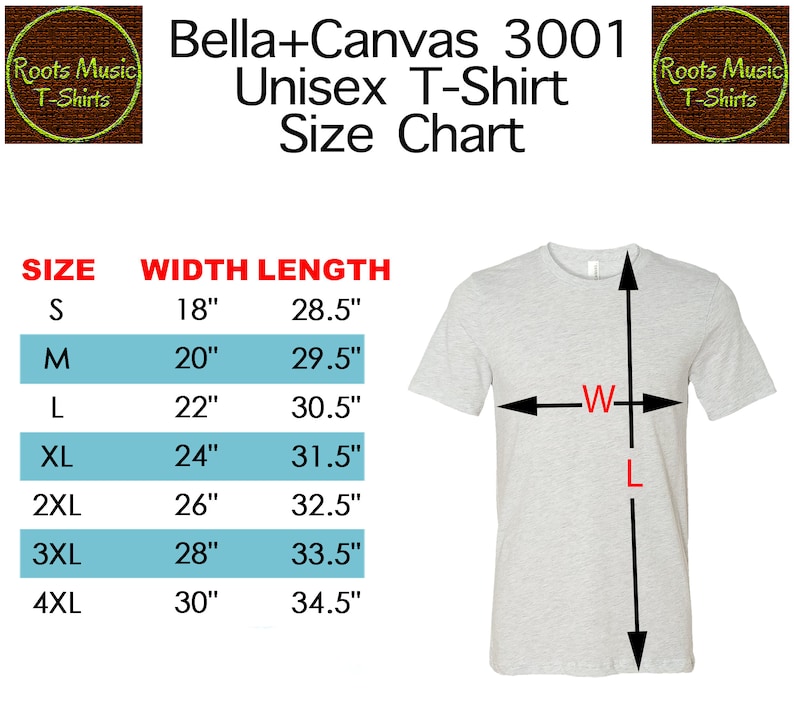 May include: Size chart for a unisex t-shirt, showing width and length measurements in inches for sizes S through 4XL. The chart includes a diagram of a t-shirt with labels for width (W) and length (L).
