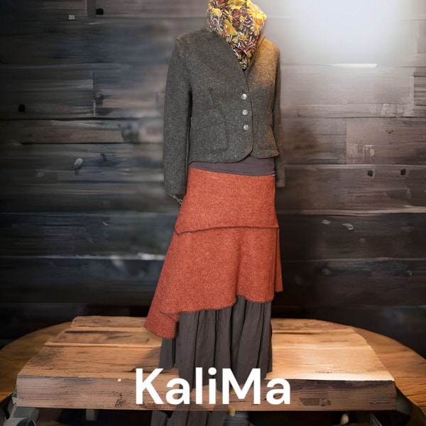 Kalima wool skirt "Freya", asymmetrical in 100% virgin wool with jersey waistband. Terracotta Brown