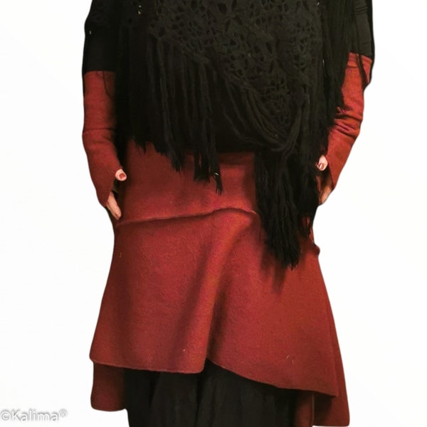 Kalima wool skirt "Freya", asymmetrical in 100% virgin wool with jersey waistband. Bordeaux, Indigo Blue Dark Blue, Red, Blue and much more