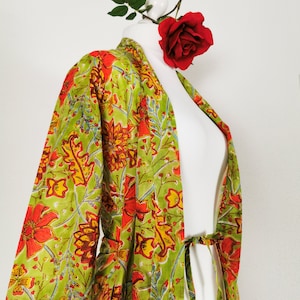 Kimono , short "Spinat kisses poppy", hand print with natural colors, festival jacket
