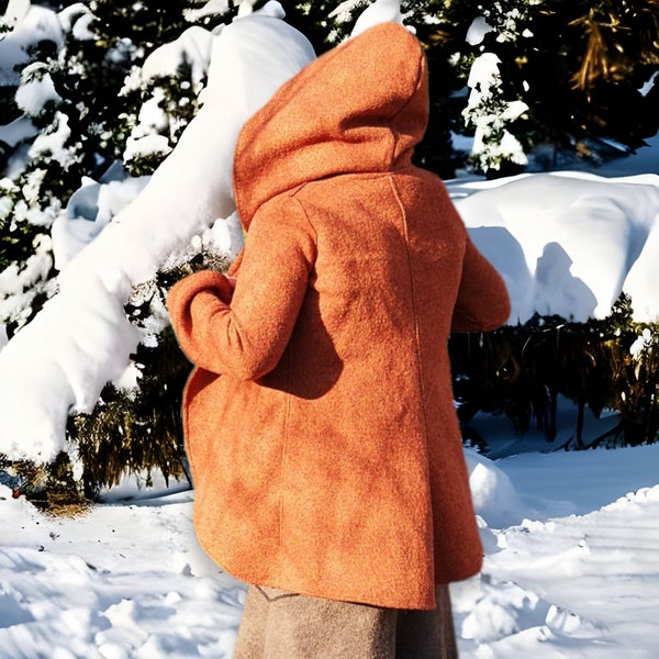 Redingote, manteau femme avec capuche en Walkloden, 100% laine, laine vierge. Plus long à l'arrière, idéal pour les jupes et les robes.