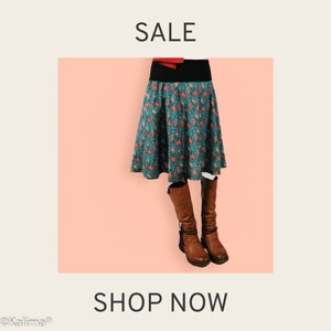 Kalima panels skirt wild flower, hand-printed fabric, turquoise with flowers in red and orange, made to measure, jersey waistband