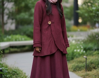 Short coat women's wool – Walkloden coat with hood & coconut buttons – sustainable winter jacket handmade to measure