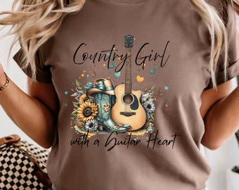 Country Girl Guitar Heart Comfort Colors Shirt, Western Guitar Cowgirl Tee, Country Music Lover Shirt, Southern Girl Concert Top