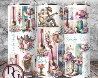 Impresión de collage de estilo country occidental: botas de vaquero, guitarras florales, arte de palabras, envoltura para vaso de 20 oz y 30 oz para amantes de la música country, habitación de vaquera, PNG JPG