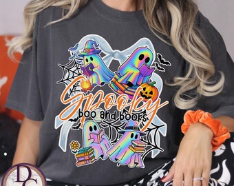 Spooky Rainbow Ghost T-shirt, Halloween T-shirt, Unisex Halloween Tee, Cute Ghost Shirt, Boo and Books Shirt