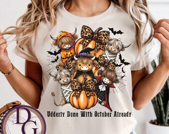Lustiges Highland Kuh Halloween Shirt Lustige Kuh Phrase Shirt Gruselige Saison Tee | Kuh-Liebhaber-Geschenk | Kuh Mama Herbst Outfit kokett Schleife Highland Kuh