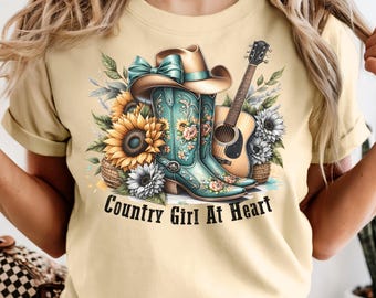 Camisa con colores cómodos de chica de campo, camiseta turquesa con botas vaqueras y guitarra, camiseta vaquera de música country, camiseta estampada de chica sureña