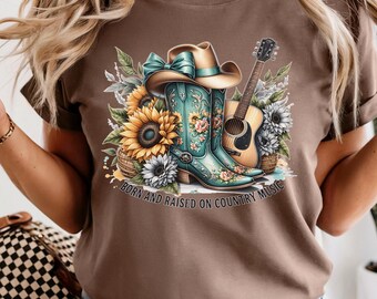 Camiseta de música country para mujer, camiseta con estampado de vaquera occidental, botas, sombrero, guitarra, girasol, nacida y criada en la música country.