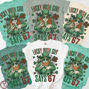 Könnte beinhalten: Eine Auswahl an T-Shirts mit St. Patrick's Day-Motiven. Die Shirts zeigen die Aufschriften "Lucky Irish Girl" und "Lucky Irish Guy" mit Illustrationen eines Leprechauns und einer Frau mit Sonnenbrille. Der Text "Says 67" ist ebenfalls vorhanden.