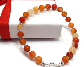 Orange Carnelian Bracelet Sterling Silver, Natural Coloured Gemstone Beads, Bracelet For Her Him, Best Friend Gift Anniversary Present