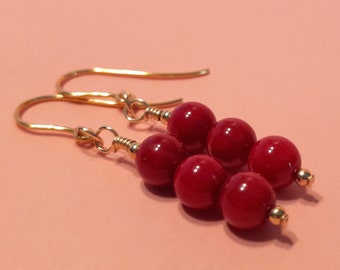9ct Gold Red Coral Earrings with 9ct Gold Beads, Dangle Drop Gemstone Jewellery