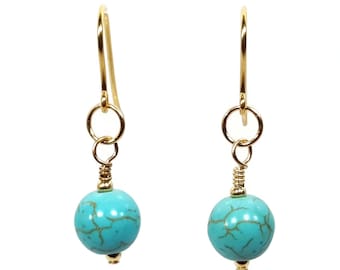 Solid 9ct Yellow Gold Turquoise Earrings, Handmade Drop Dangle Earrings