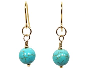 Boucles d'oreilles turquoise en or 9ct, boucles d'oreilles Blue Drop Dangle et perles d'or