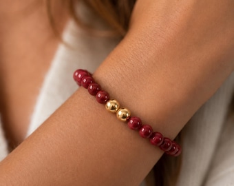 9ct Gold Red Coral Bracelet with Gold Ball Beads, Coral Gemstone Jewellery