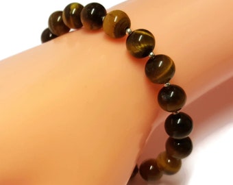 Tiger Eye and Sterling Silver Bracelet, 8mm Round Natural Gemstone Beads with 2mm Silver Accents and Spring Clasp, Handmade Gift